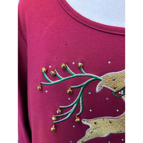 Quacker Factory Women’s Christmas Top Reindeer Embroidered Sequins Burgundy 2X - Picture 3 of 11